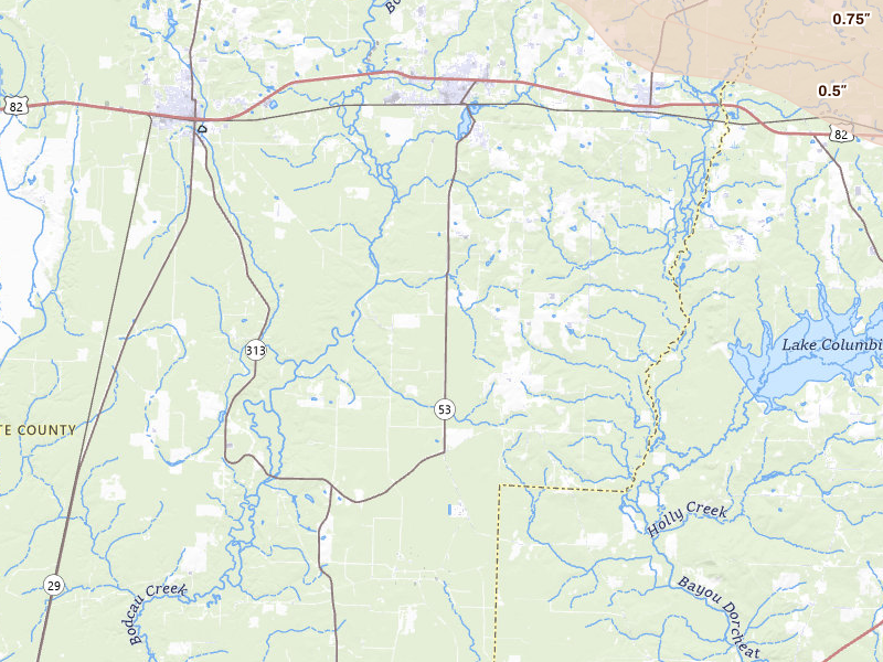 Radar-estimated hail-size map of the storm over Stamps, AR on Mar 15, 2026