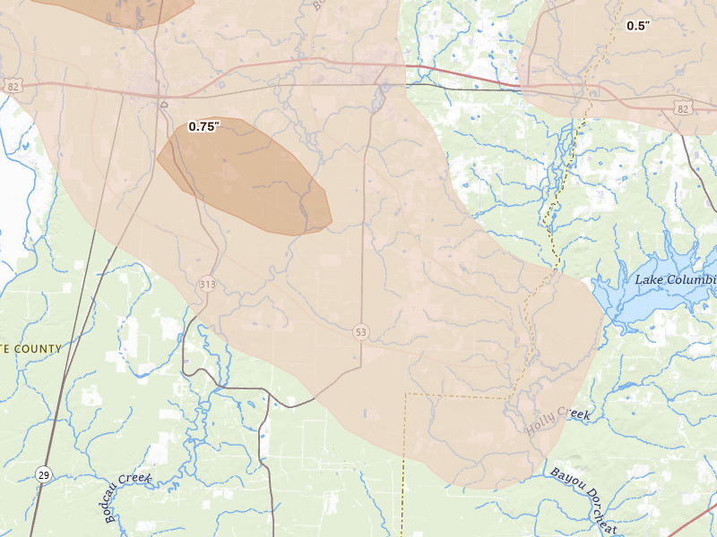 Radar-estimated hail-size map of the storm over Stamps, AR on Apr 25, 2026