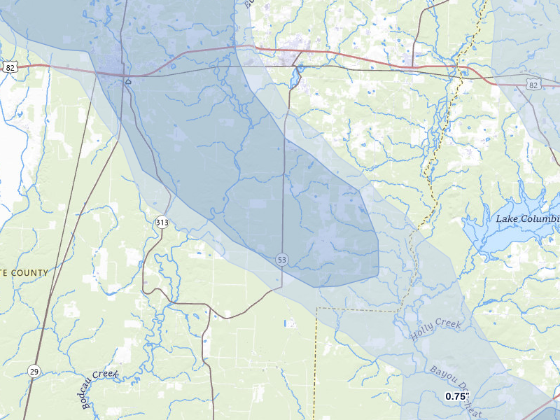 NEXRAD radar-signature map of the hail over Stamps, AR