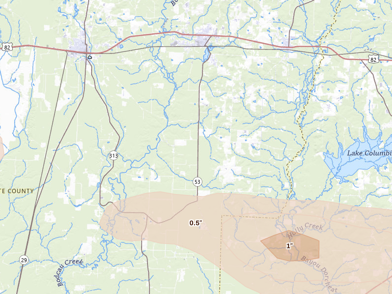 Radar-estimated hail-size map of the storm over Stamps, AR on Apr 29, 2026