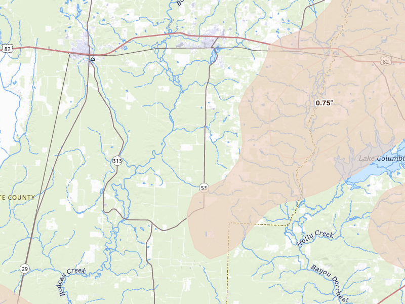 Radar-estimated hail-size map of the storm over Stamps, AR on Jun 2, 2026