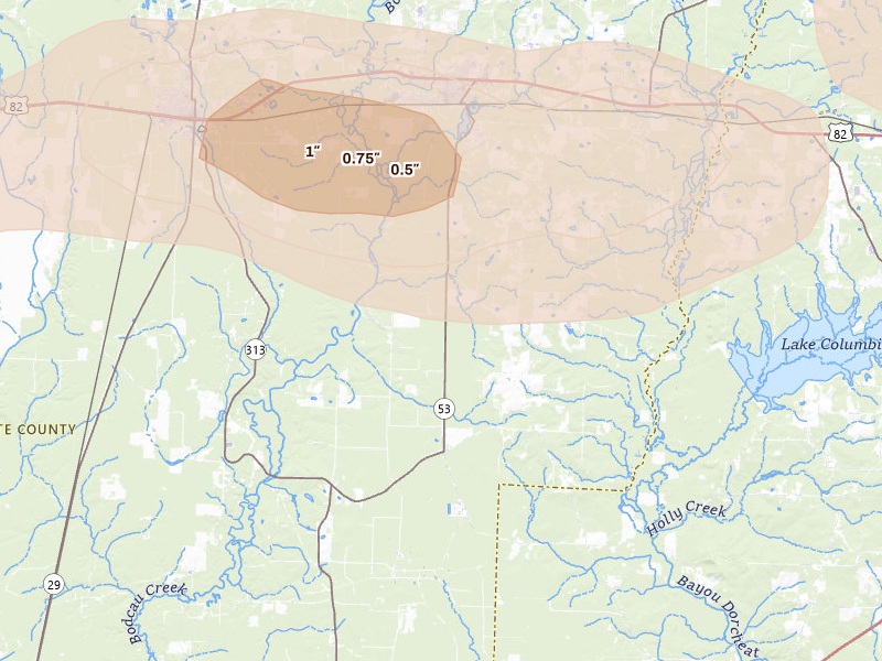 Radar-estimated hail-size map of the storm over Stamps, AR on Jun 22, 2026
