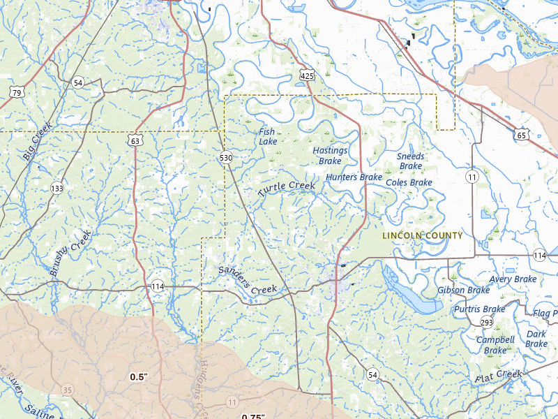 Radar-estimated hail-size map of the storm over Star City, AR on Apr 28, 2026