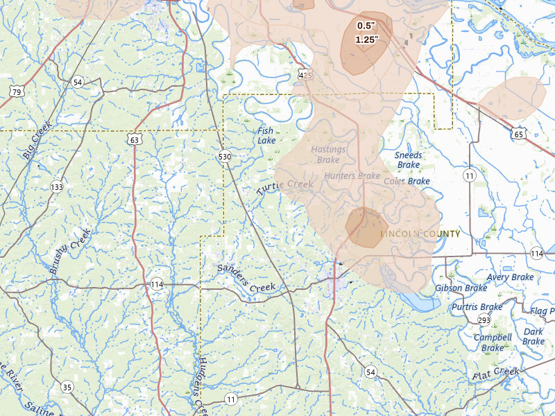 Radar-estimated hail-size map of the storm over Star City, AR on May 31, 2026
