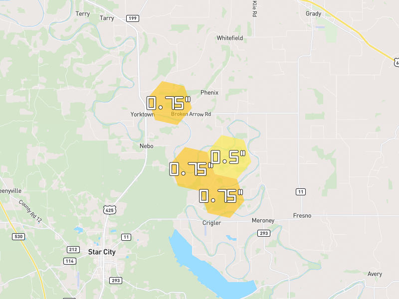 Hail map of Star City, AR on Jun 1, 2026, hail up to 0.75"