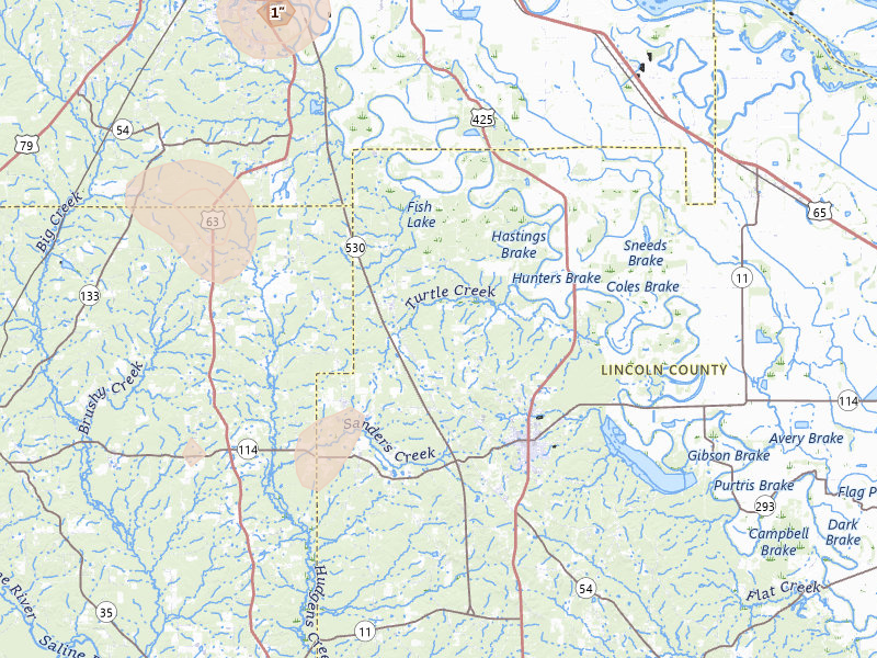 Radar-estimated hail-size map of the storm over Star City, AR on Jul 4, 2026
