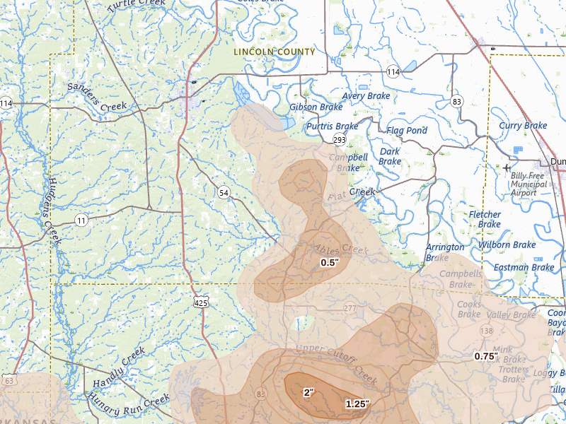 Radar-estimated hail-size map of the storm over Star City, AR on Aug 20, 2026