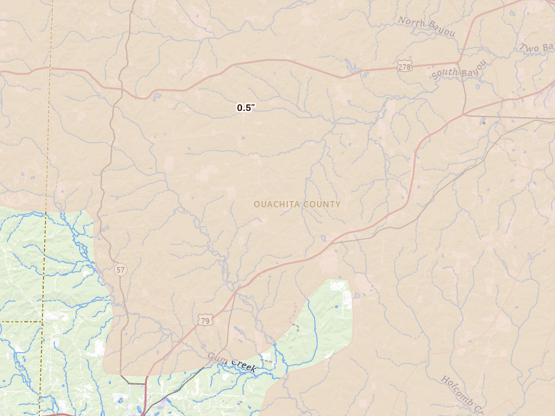 Radar-estimated hail-size map of the storm over Stephens, AR on Apr 25, 2026