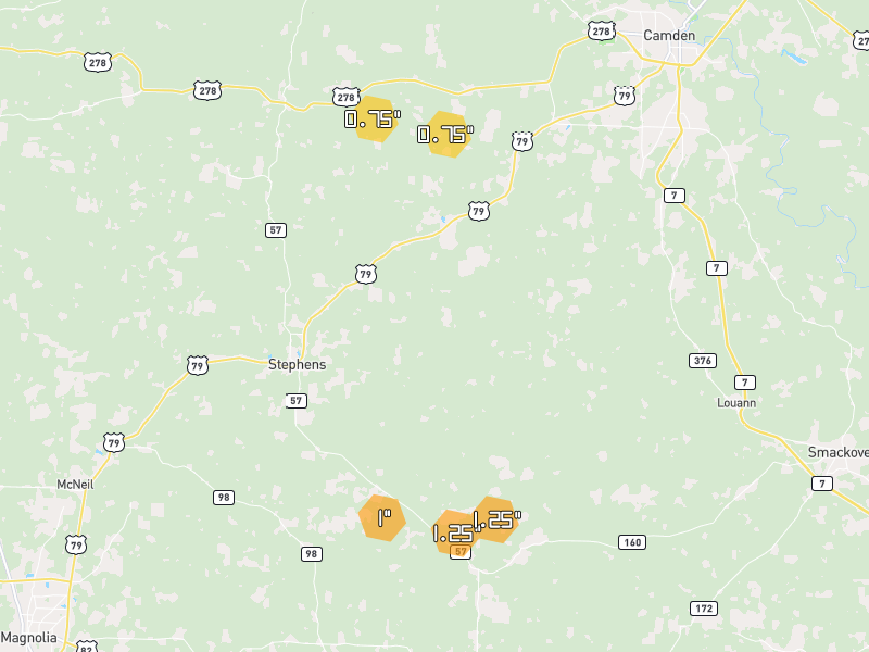 Hail map of Stephens, AR on Jul 4, 2026, hail up to 1.25"