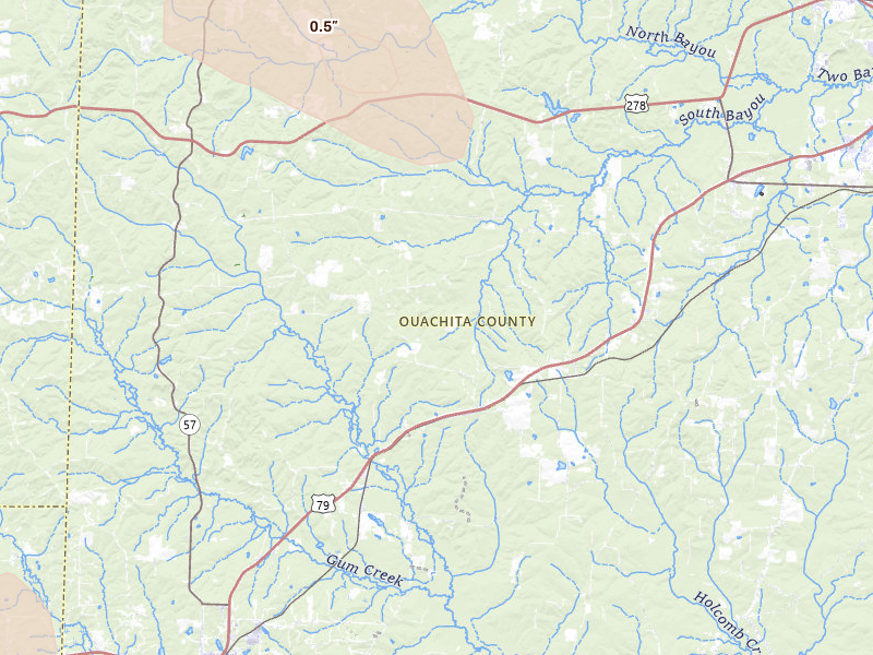 Radar-estimated hail-size map of the storm over Stephens, AR on Jul 12, 2026