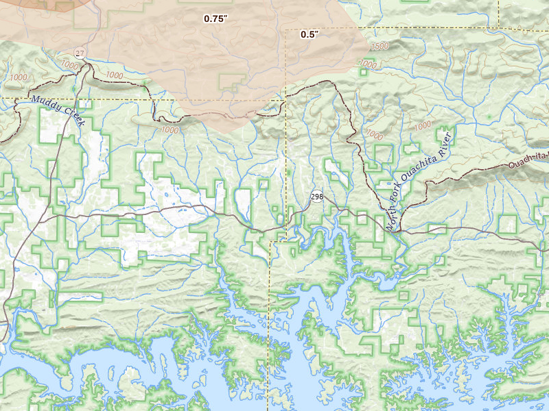 Radar-estimated hail-size map of the storm over Story, AR on Apr 28, 2026