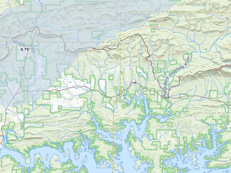 NEXRAD radar-signature map of the hail storm over Story, AR on Apr 28, 2026