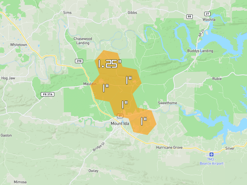 Hail map of Story, AR on Jun 2, 2026, hail up to 1.25"
