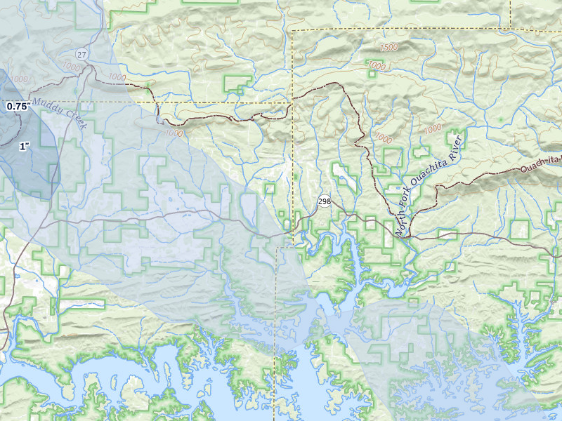NEXRAD radar-signature map of the hail storm over Story, AR on Jul 8, 2026