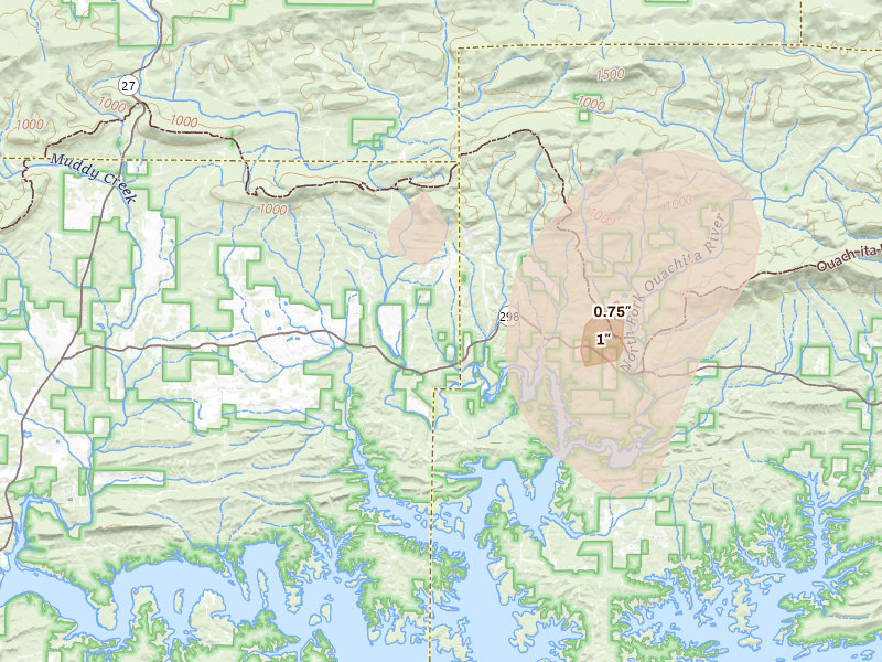 Radar-estimated hail-size map of the storm over Story, AR on Jul 29, 2026
