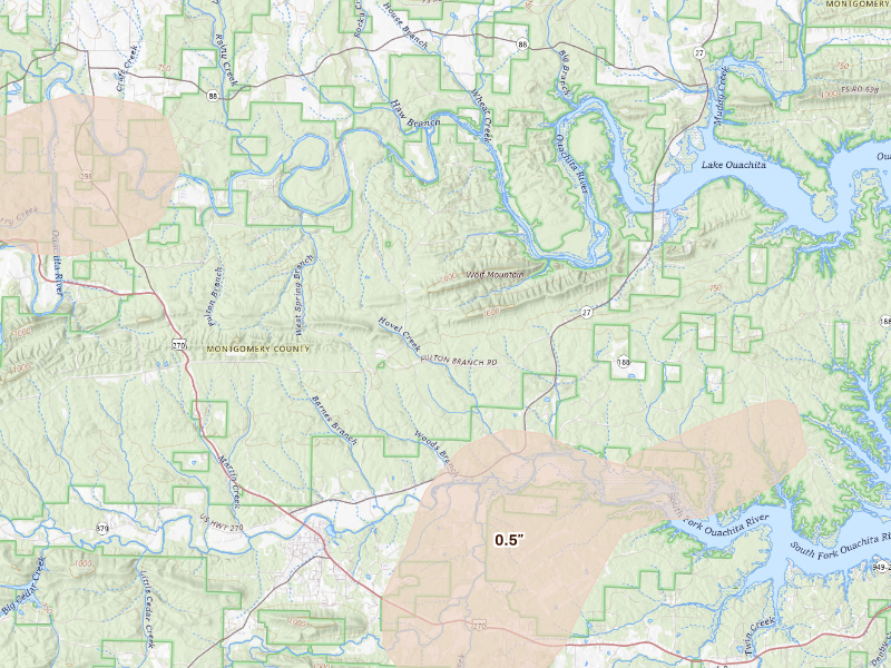 Radar-estimated hail-size map of the storm over Story, AR