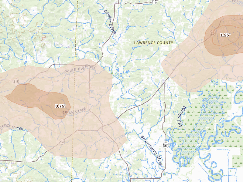 Radar-estimated hail-size map of the storm over Strawberry, AR on Jul 11, 2026