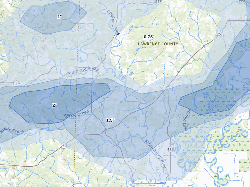 NEXRAD radar-signature map of the hail storm over Strawberry, AR on Jul 11, 2026