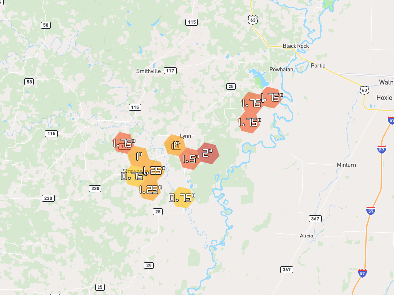 Hail map of Strawberry, AR on Jul 11, 2026, hail up to 2"