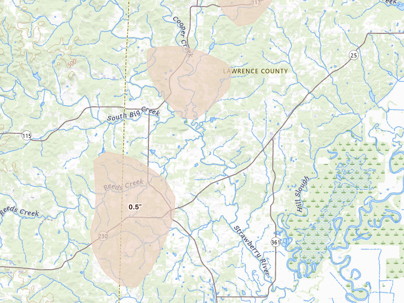 Radar-estimated hail-size map of the storm over Strawberry, AR