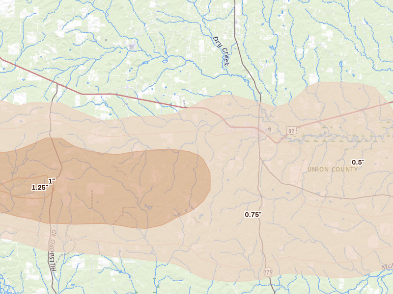 Radar-estimated hail-size map of the storm over Strong, AR on Mar 15, 2026
