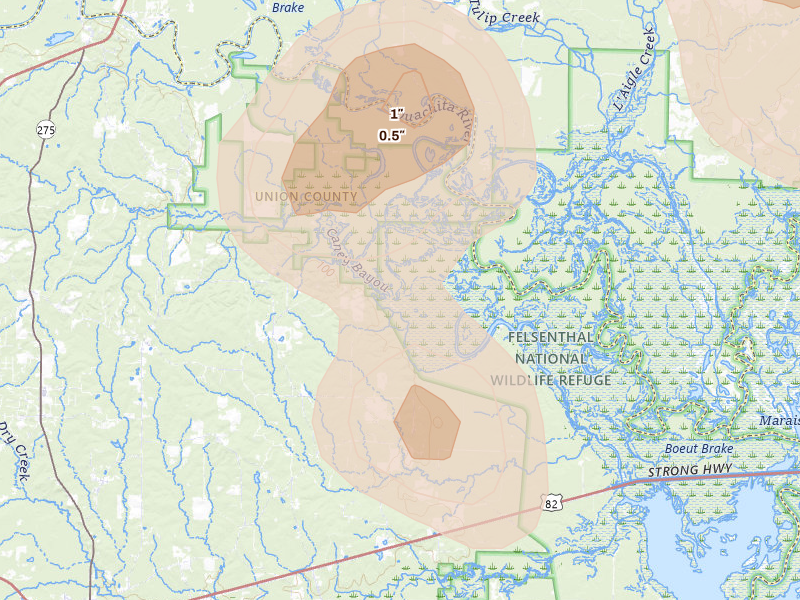 Radar-estimated hail-size map of the storm over Strong, AR on Aug 20, 2026