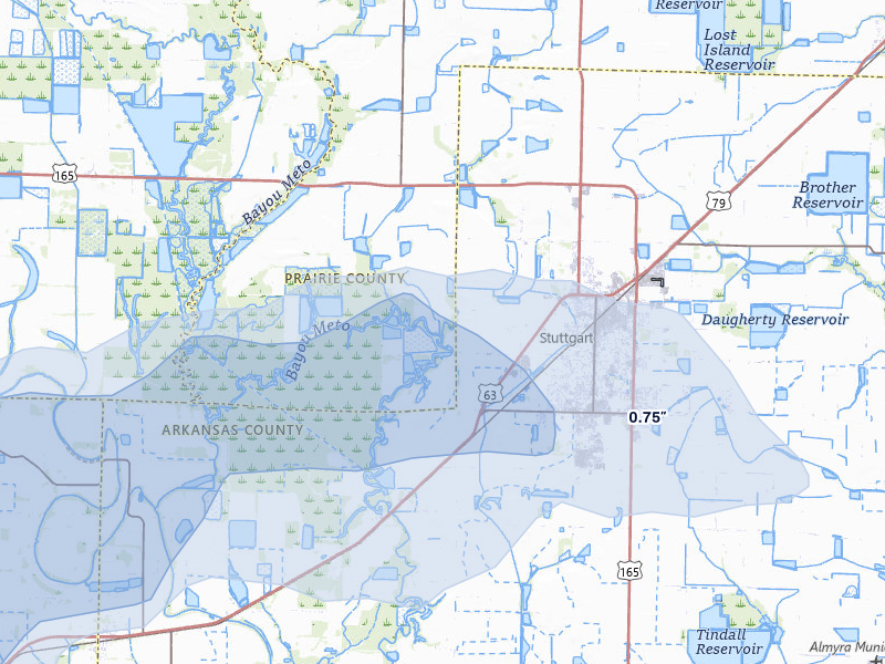 NEXRAD radar-signature map of the hail over Stuttgart, AR