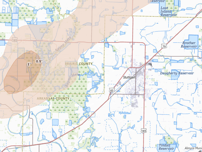 Radar-estimated hail-size map of the storm over Stuttgart, AR on May 31, 2026