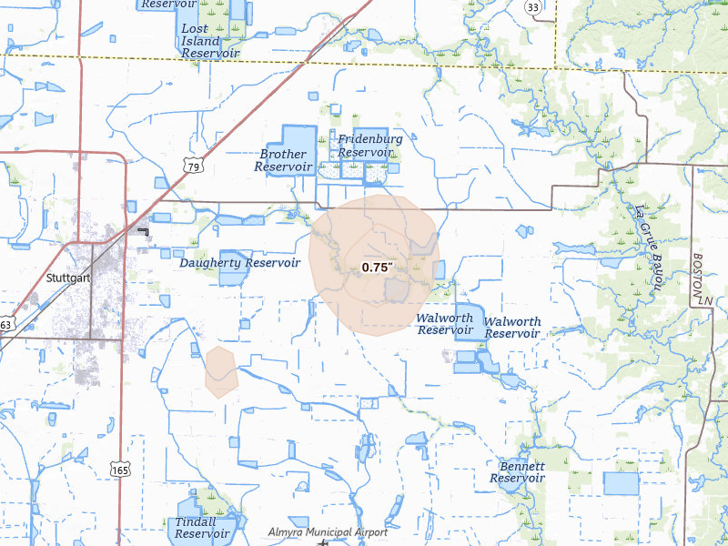 Radar-estimated hail-size map of the storm over Stuttgart, AR on Aug 7, 2026
