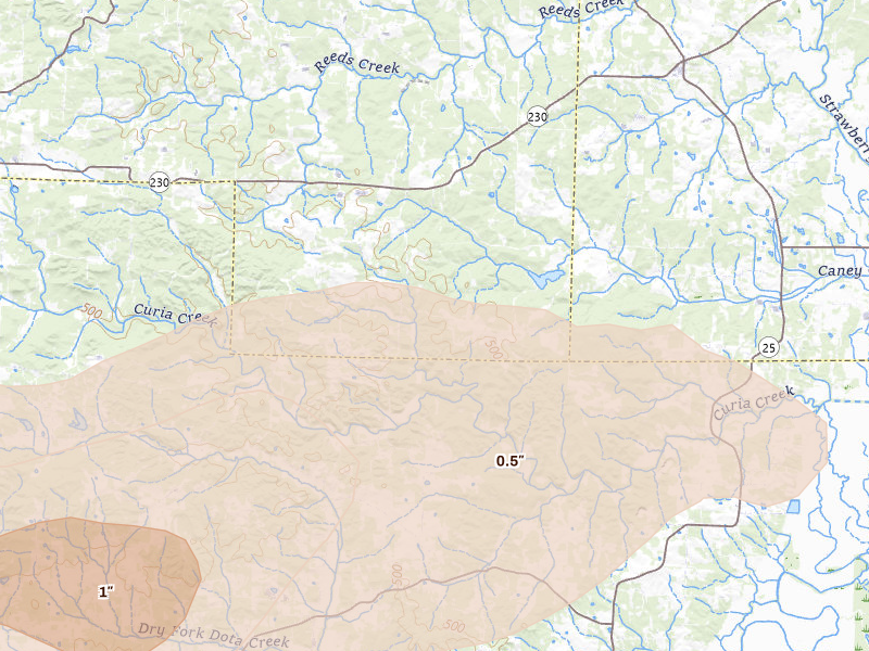 Radar-estimated hail-size map of the storm over Sulphur Rock, AR on Apr 28, 2026