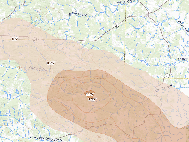 Radar-estimated hail-size map of the storm over Sulphur Rock, AR