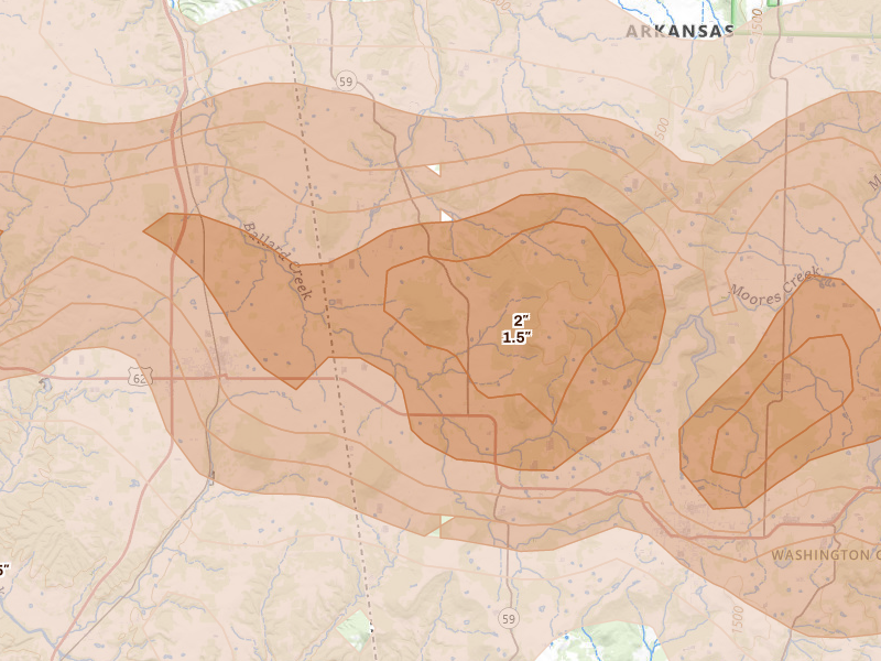 Radar-estimated hail-size map of the storm over Summers, AR on Apr 28, 2026