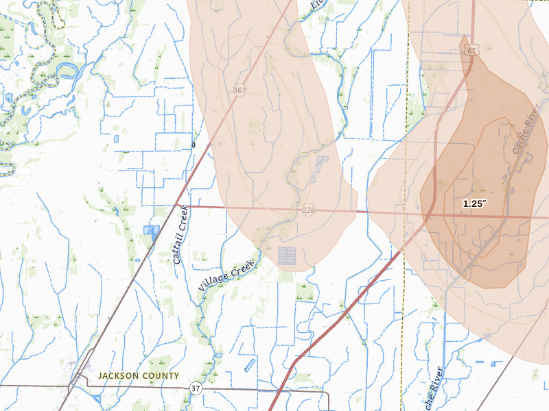 Radar-estimated hail-size map of the storm over Swifton, AR on Jun 1, 2026