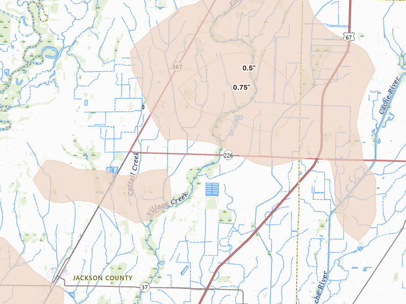 Radar-estimated hail-size map of the storm over Swifton, AR on Jul 11, 2026