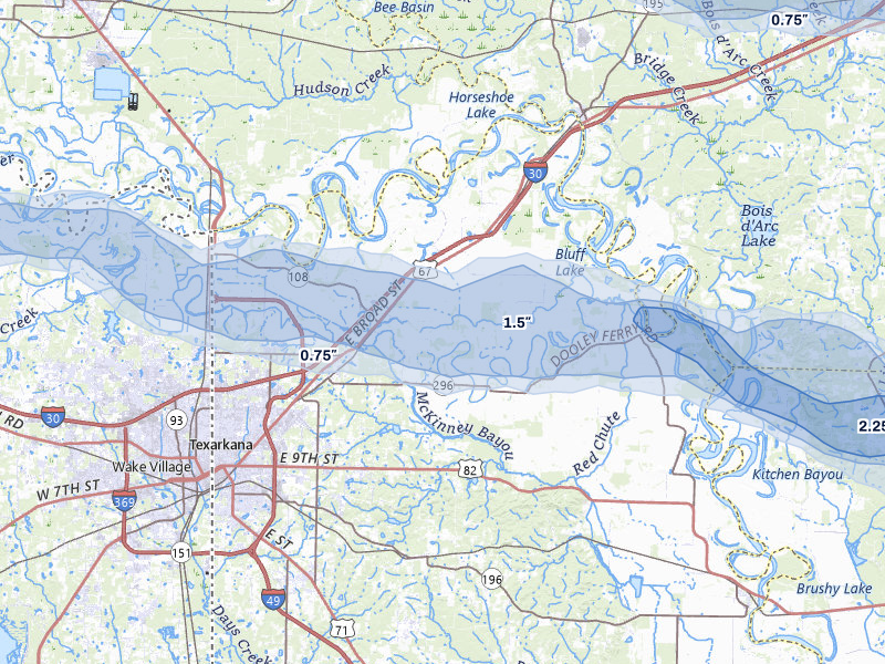NEXRAD radar-signature map of the hail over Texarkana, AR