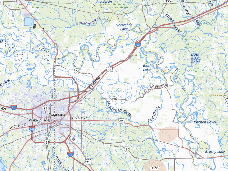 Radar-estimated hail-size map of the storm over Texarkana, AR on Jul 4, 2026
