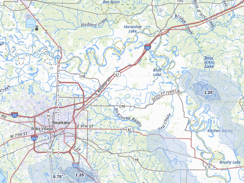 NEXRAD radar-signature map of the hail storm over Texarkana, AR on Jul 6, 2026