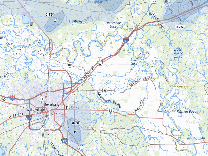 NEXRAD radar-signature map of the hail storm over Texarkana, AR on Jul 12, 2026