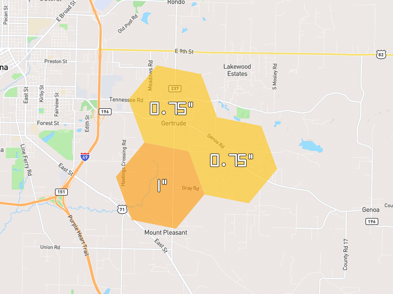 Hail map of Texarkana, AR on Jul 12, 2026, hail up to 1"