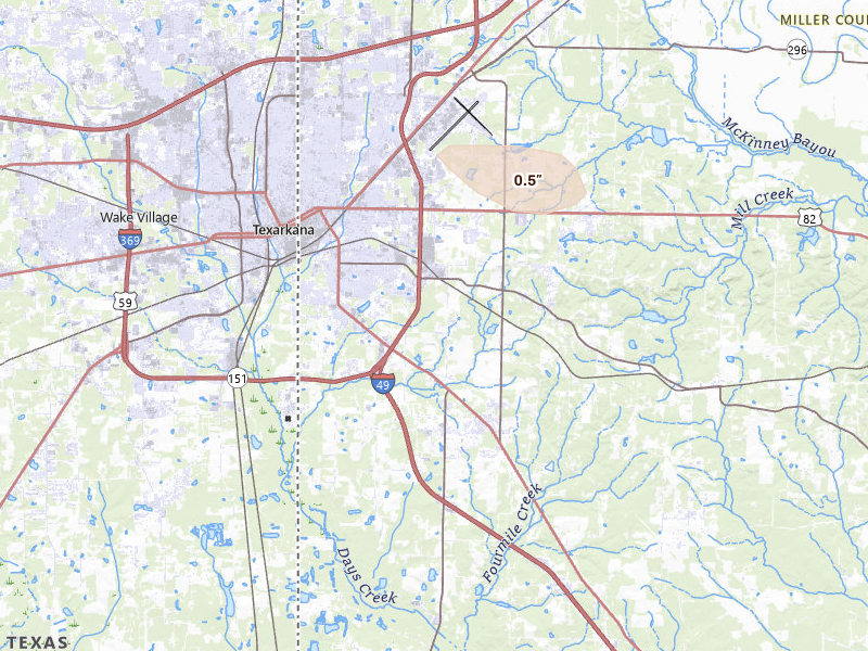 Radar-estimated hail-size map of the storm over Texarkana, AR on Aug 8, 2026