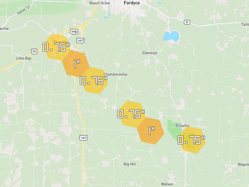 Hail map of Thornton, AR on Jul 9, 2026, hail up to 1"