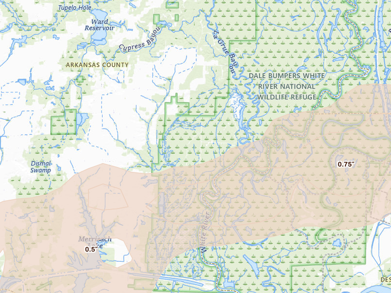 Radar-estimated hail-size map of the storm over Tichnor, AR on Apr 28, 2026