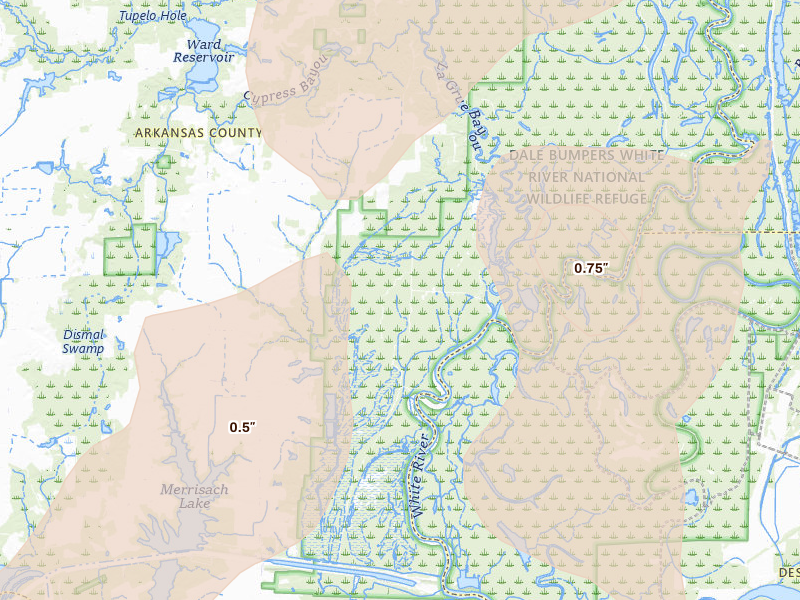 Radar-estimated hail-size map of the storm over Tichnor, AR on Jun 1, 2026