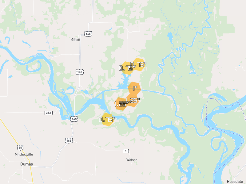 Hail map of Tichnor, AR on Jun 2, 2026, hail up to 1.25"