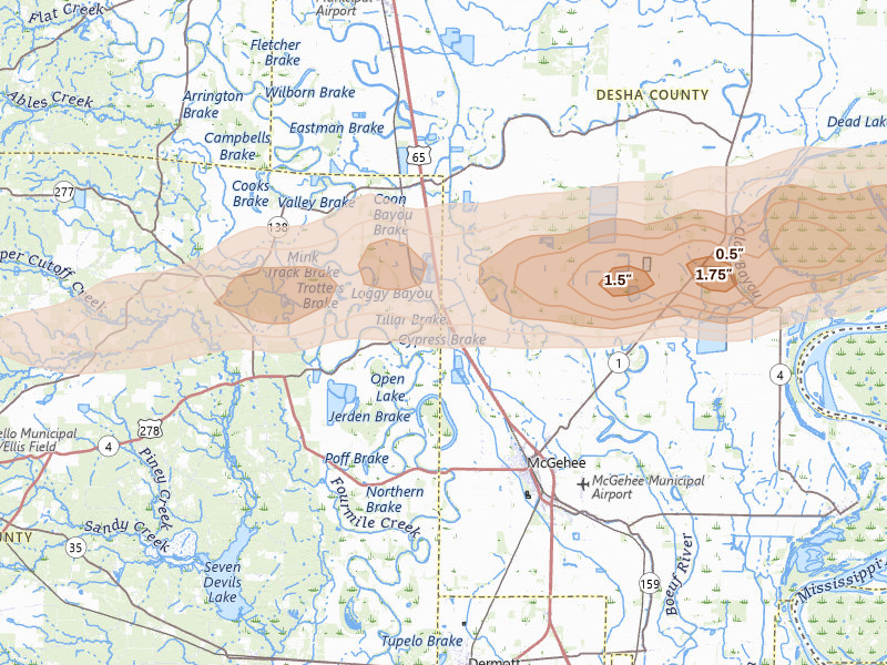 Radar-estimated hail-size map of the storm over Tillar, AR on Mar 15, 2026