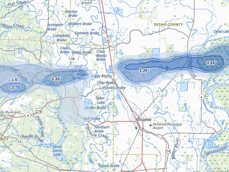 NEXRAD radar-signature map of the hail over Tillar, AR