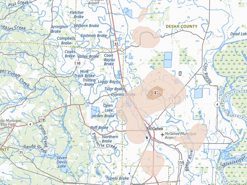 Radar-estimated hail-size map of the storm over Tillar, AR on Jun 1, 2026