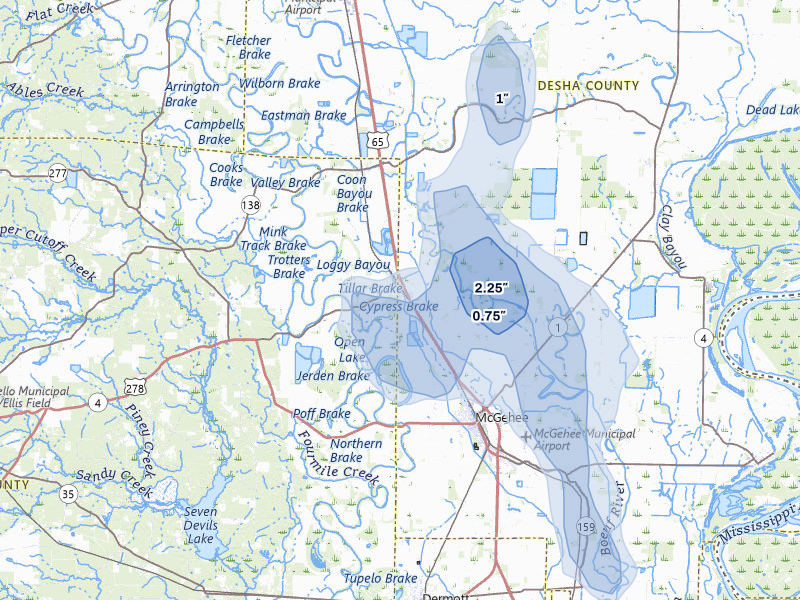 NEXRAD radar-signature map of the hail storm over Tillar, AR on Jun 1, 2026