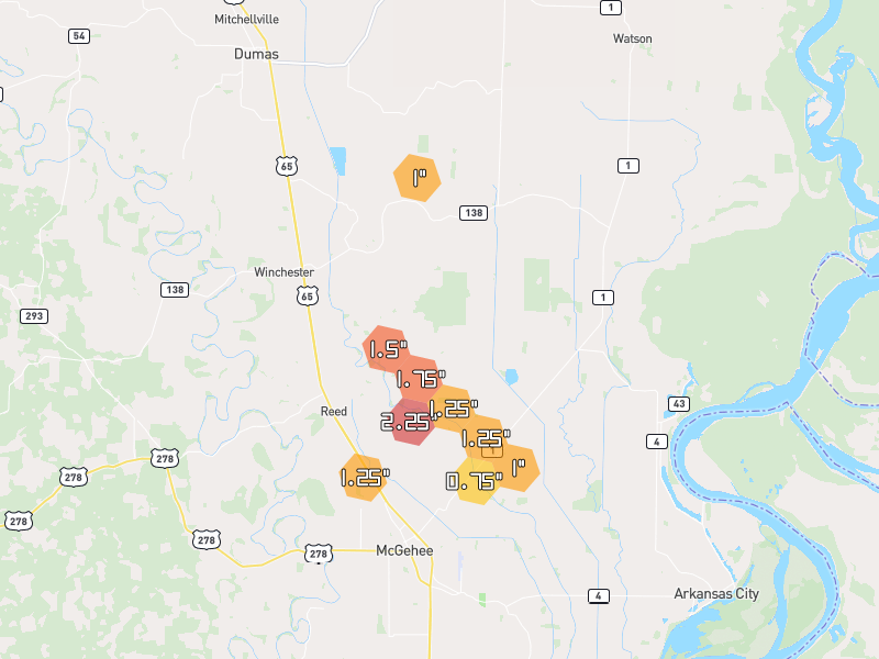 Hail map of Tillar, AR on Jun 2, 2026, hail up to 2.25"