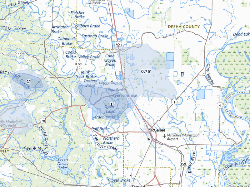 NEXRAD radar-signature map of the hail storm over Tillar, AR on Jul 8, 2026